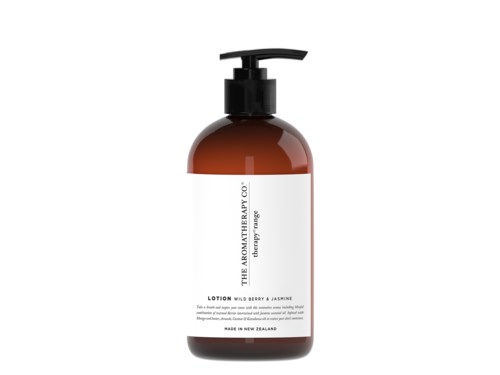 A brown bottle with a pump contains lavender and jasmine lotion from The Aromatherapy Co.