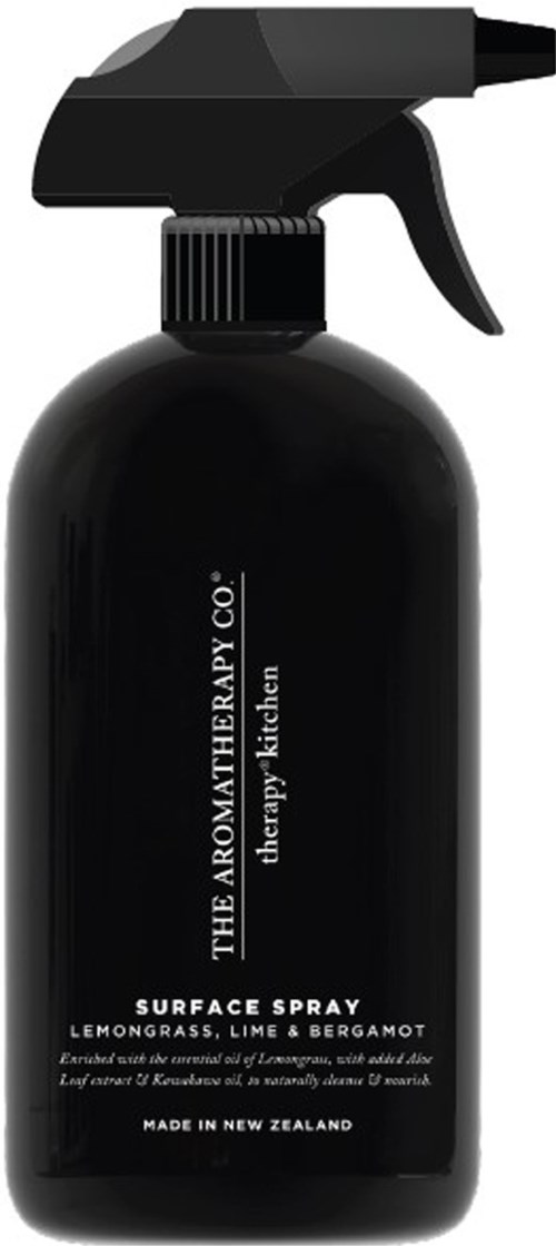 Black spray bottle with white text, labeled as Aromatherapy Co. surface spray with lemongrass, lime, and bergamot.
