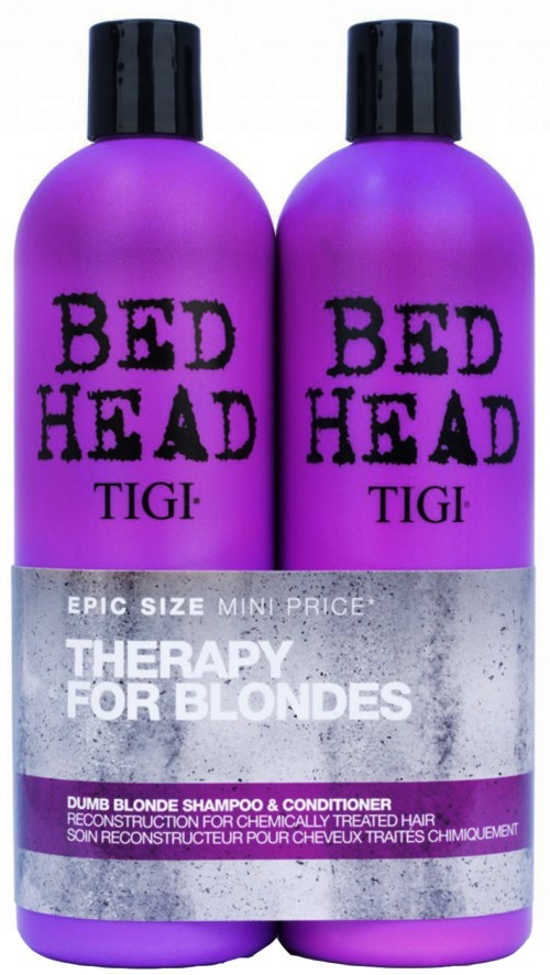 Two purple bottles labeled BED HEAD TIGI for blondes hair treatment shampoo and conditioner.