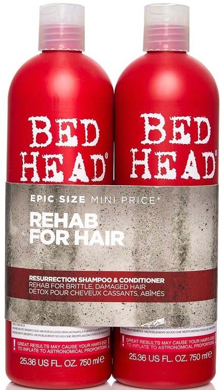 Two red bottles of Bed Head shampoo and conditioner labeled 'Rehab for Hair.' They target damaged hair, size is small.