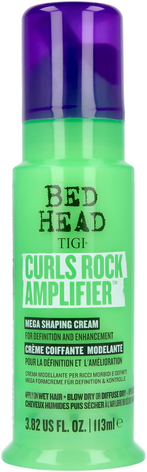 Green bottle with purple cap, labeled 'Bed Head TIGI Curls Rock Amplifier' for hair styling.
