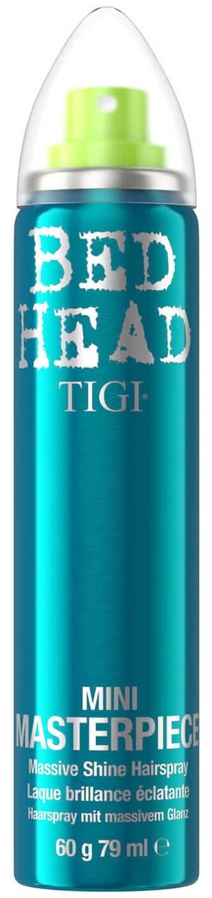 A blue can with a clear cap, labeled 'BED HEAD TIGI MINA MASTERPIECE Hairspray' for shine and hold.