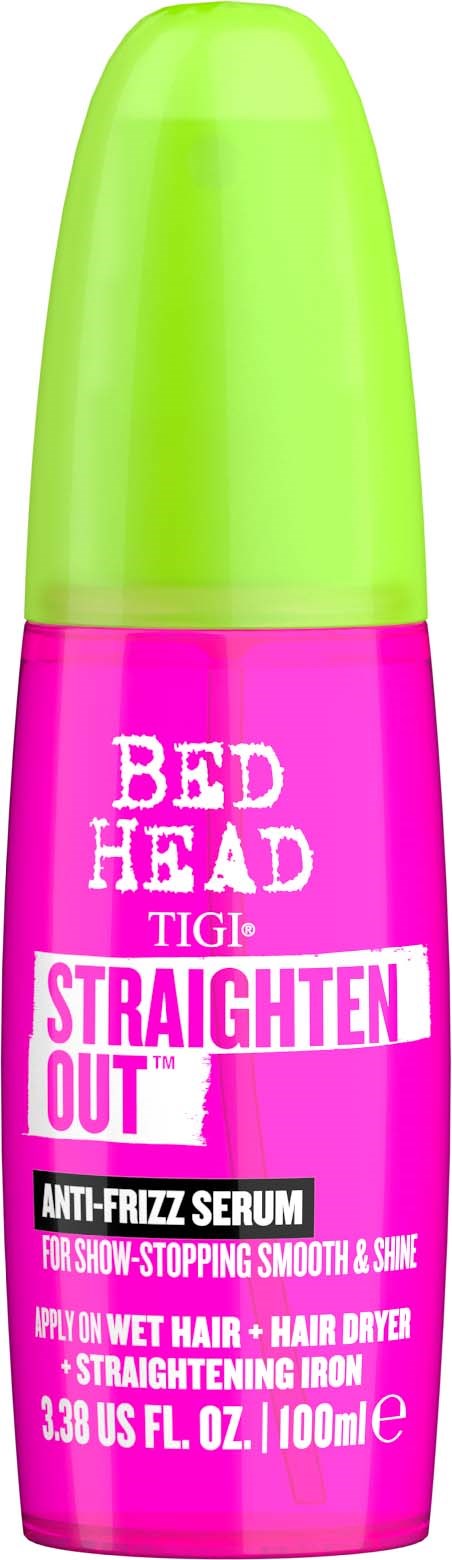Pink and green bottle of Bed Head TIGI Straighten Out anti-frizz serum. Used for smooth hair and shine.