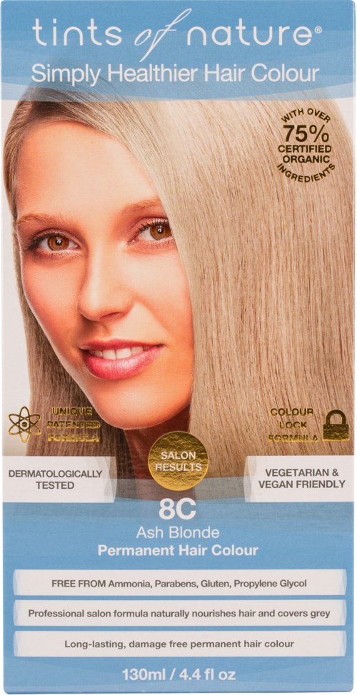A hair dye box for Ash Blonde color, showing a woman with long, shiny blonde hair and key product benefits.