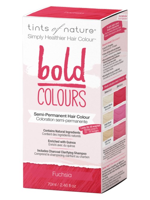 A box of semi-permanent hair color named 'bold'. It is enriched with quinoa and contains charcoal clarifying shampoo.