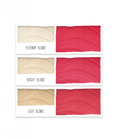 Three hair color samples labeled Platinum Blonde, Bright Blonde, and Light Blonde, showing different shades of blonde and red.