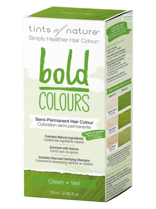 A box of semi-permanent hair dye called Bold Colours, Green shade, by Tints of Nature, with natural ingredients and charcoal shampoo.