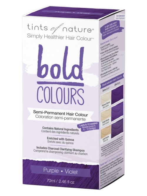 A box of semi-permanent purple hair dye with natural ingredients and charcoal shampoo included.