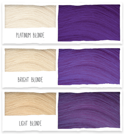Three hair color swatches: platinum blonde, bright blonde, and light blonde, each shown next to purple hair shades.
