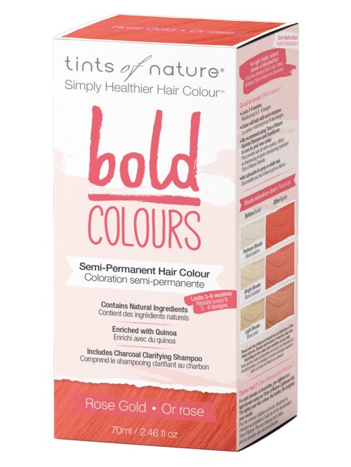 Box of semi-permanent hair color in rose gold, includes clarifying shampoo, lasts 4-6 weeks, enriched with quinoa.