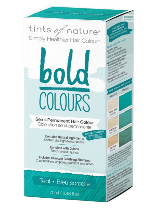 A box of semi-permanent hair dye called Bold Colours, featuring teal, beige, and grey shades, and shampoo.  