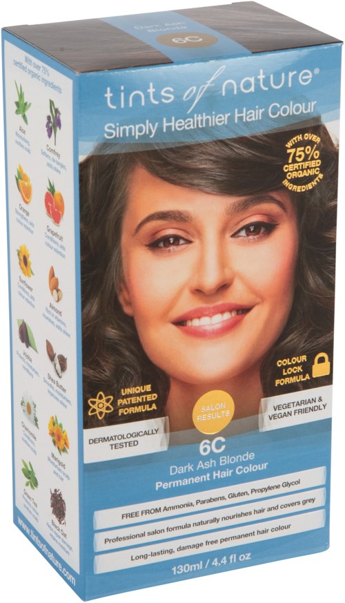 Box shows people with dark blonde hair, emphasizing natural, healthier hair color. Contains hair dye product info.