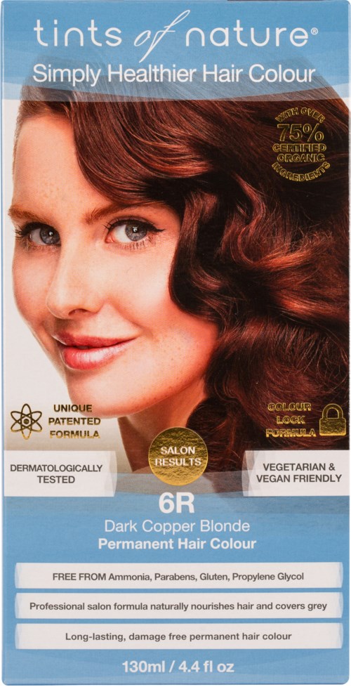 Produktsetikett för mörk kopparblond permanent hårfärg, naturlig och säker, med salongsresultat, 130 ml.