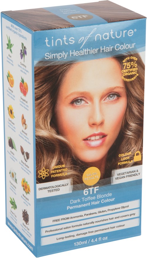Box of hair dye, showing a woman with blonde hair and blue eyes, with natural and vibrant color design.
