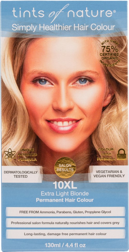 A woman with long, blonde hair smiling, surrounded by product information about hair dye, emphasizing natural, organic, and vegan benefits.