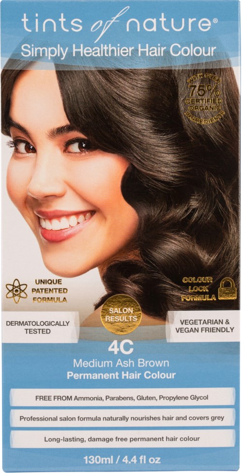 A hair dye box for medium ash brown hair, emphasizing natural ingredients and long-lasting color.