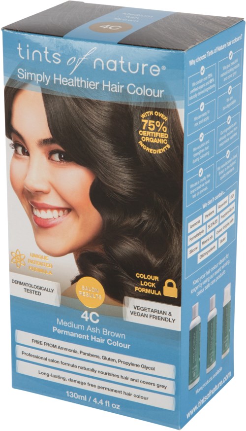 A blue box with a smiling woman showing shiny brown hair, containing hair dye, with instructions and branding details.
