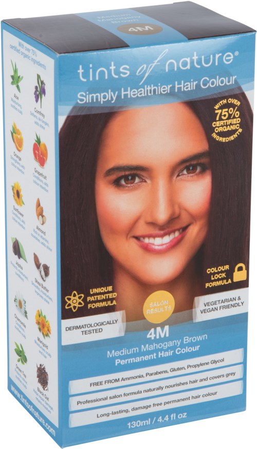 Package for Tints of Nature hair dye, with a woman smiling and dark brown hair, highlighting natural, vegan, and organic ingredients.
