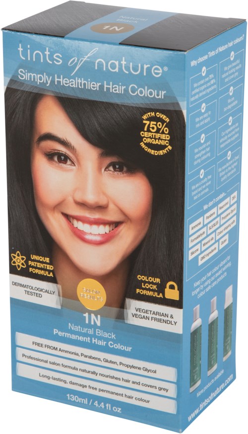 A woman with long black hair and a bright smile on a hair dye box. The box is mostly blue with text and images.