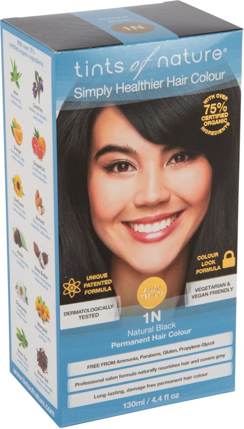 A box with a smiling woman, blue and white design, logo, and text about natural, permanent black hair dye.