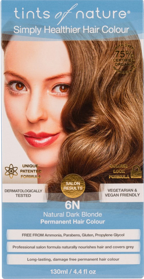 Hair dye box showing a woman with light brown hair and bright skin, labeled as natural dark blonde and vegan-friendly.