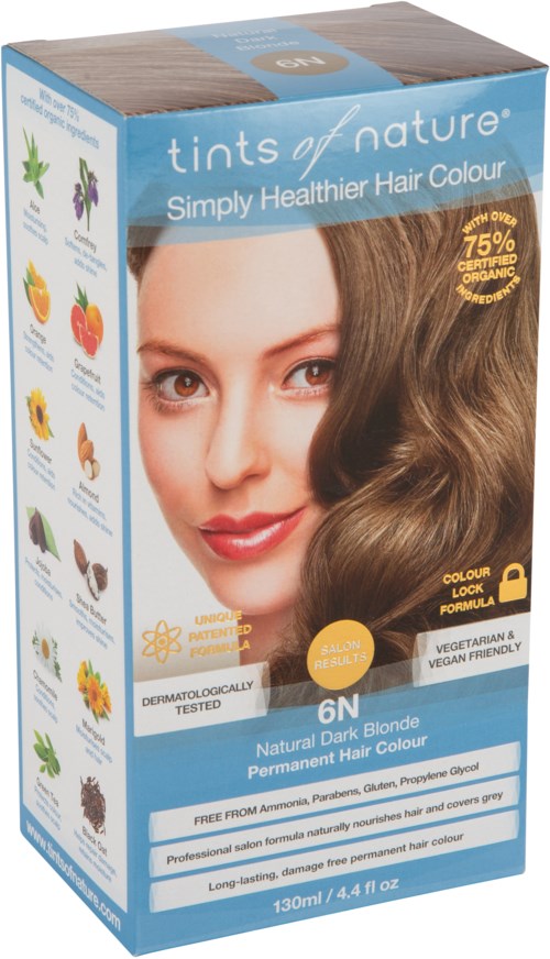The box shows a woman with long, curly light brown hair. It is labeled "tints of nature" for natural dark blonde hair dye.