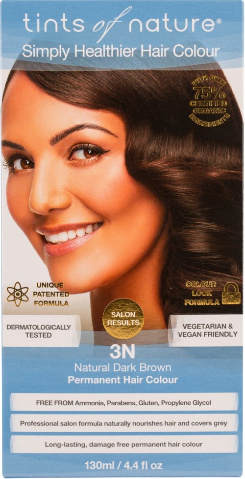 A hair dye box offers natural dark brown permanent color, party results, and is vegan and dye-free.