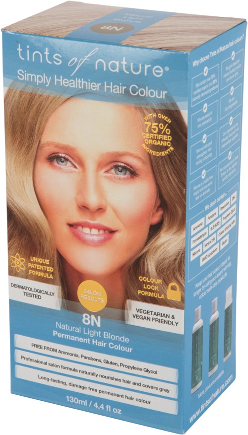 A hair dye box shows a woman with blonde hair, branding for natural, healthier, permanent hair color, and 130ml size.