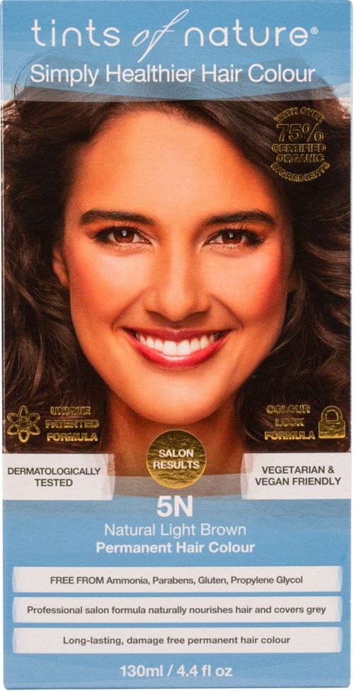 A smiling woman with shiny brown hair, on a hair dye box label for natural light brown color.