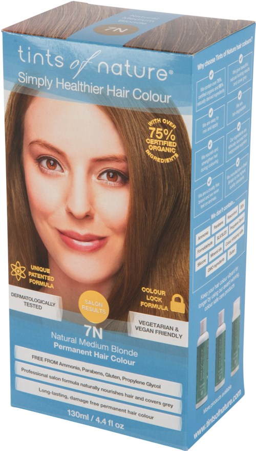 A blue box of hair dye with a woman showing brown hair and smiling. It highlights natural, permanent blonde color.