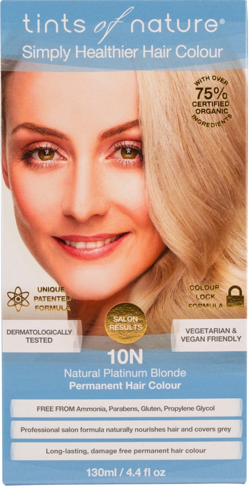 Product packaging for Tints of Nature hair dye, claiming natural, organic ingredients, and grey coverage.