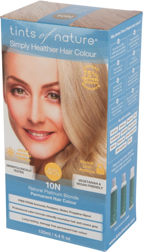 A hair dye box shows a woman with blonde hair, blue packaging, and product details for longer, healthier hair color.