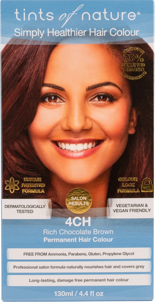 Packaging for hair dye, showing a smiling woman with brown hair, details about the product's features and benefits.