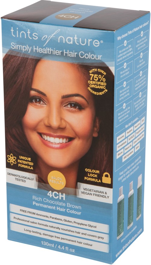 Box of hair dye with a smiling woman, blue packaging, and product details for permanent hair color.