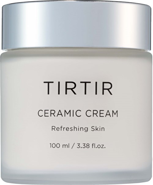 Een witte pot met zilveren deksel gemerkt TIRTIR Ceramic Cream, Refreshing Skin, 100 ml.