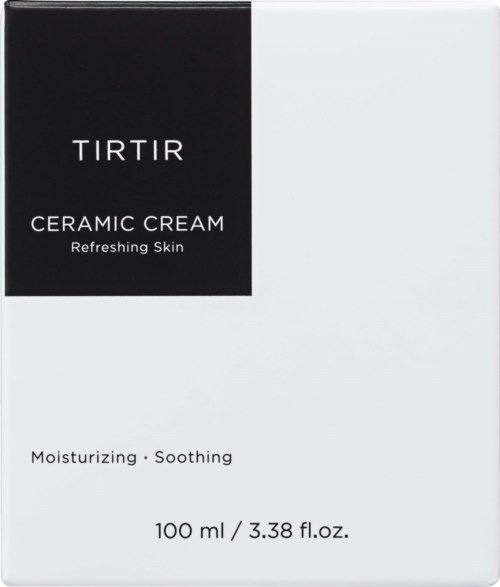 Een doos TIRTIR keramische crème met verzachtende en hydraterende eigenschappen, ontworpen om de huid te verfrissen.