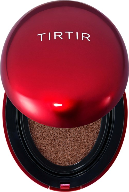 Eine rote kleine Dose mit rundem Deckel und einem Schwamm darin, beschriftet mit 'TIRTIR'.