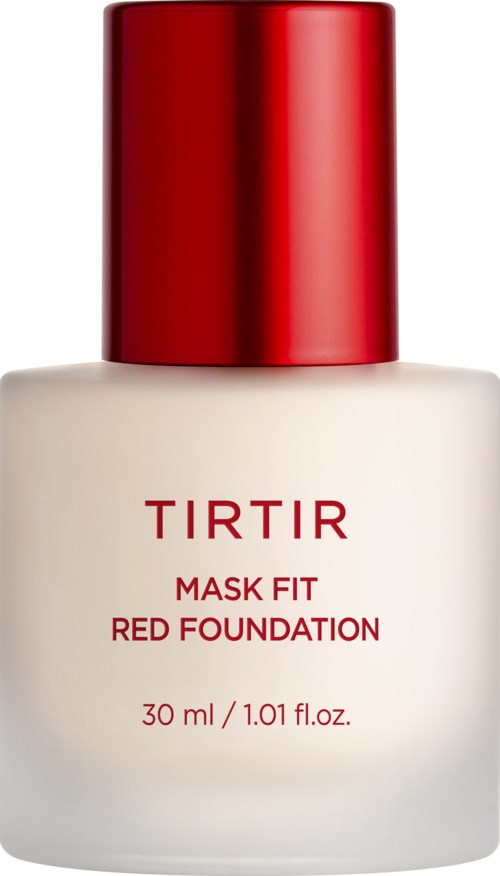 Eine Flasche Tirtir Mask Fit Red Foundation mit roten Deckel und einfachem Etikett.