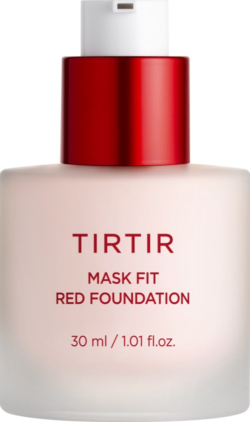 Een fles TIRTIR Red Foundation Mask Fit met rode dop en witte body, bevat 30 ml of 1,01 fl oz.