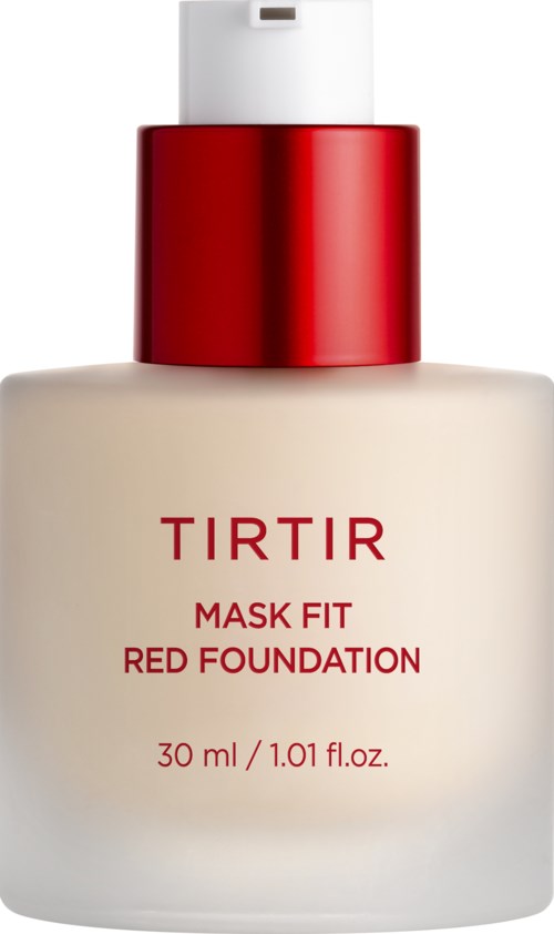 Eine Flasche mit weißem Körper, rotem Deckel und rotem Text für TIRTIR mask fit red foundation.