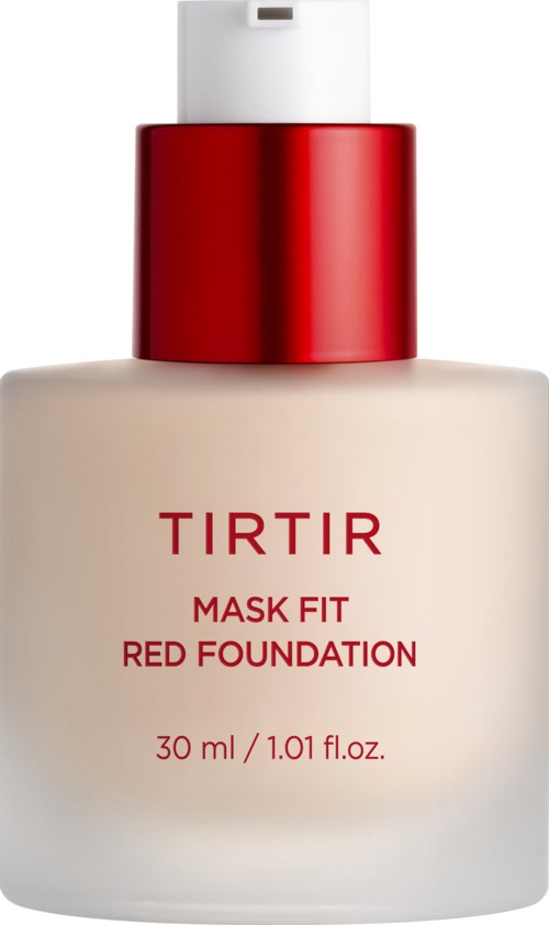 Eine weiße Flasche mit rotem Deckel, beschriftet TIRTIR Mask Fit Red Foundation, 30 ml.