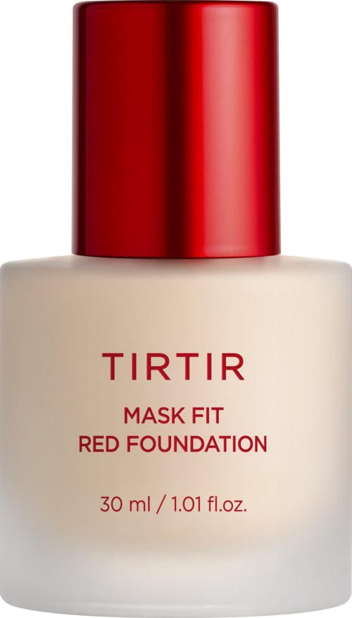Eine Flasche mit rotem Deckel und cremefarbigen Körper, gekennzeichnet TIRTIR Mask Fit Red Foundation, 30 ml.