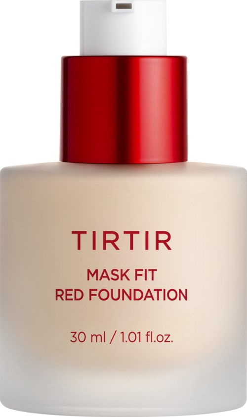 Eine Flasche TIRTIR Mask Fit Red Foundation mit rotem Deckel und beige Körper.