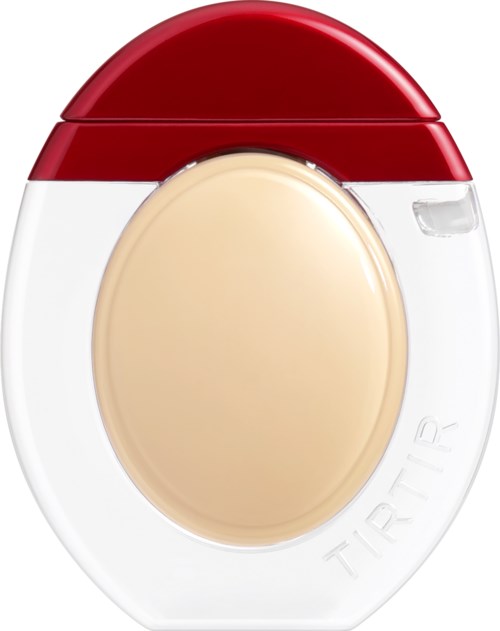 En Tamagotchi virtuell kjæledyr enhet med rød topp, hvit kropp og en beige oval skjerm.