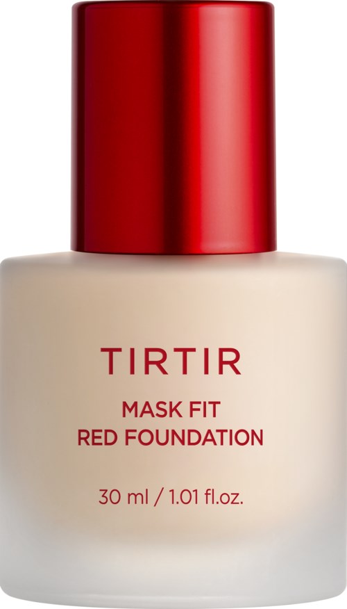 A bottle of Tirtir Mask Fit Red Foundation makeup with a red cap and beige container.