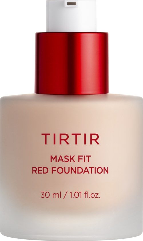 Eine Flasche Tirtir Mask Fit Red Foundation mit rotem Deckel und weißem Körper. Das Etikett hat rote Schrift.