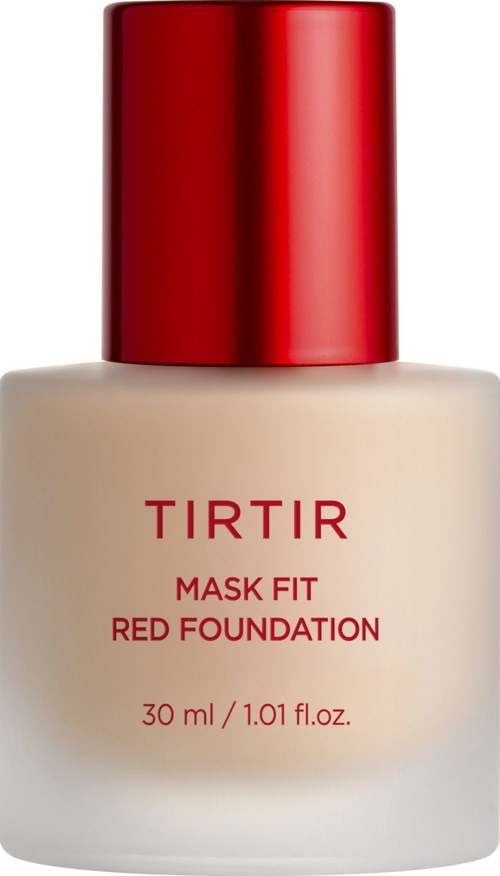 Een fles TIRTIR Mask Fit Red Foundation met een rood deksel en witte body. Tekst toont productnaam en maat.