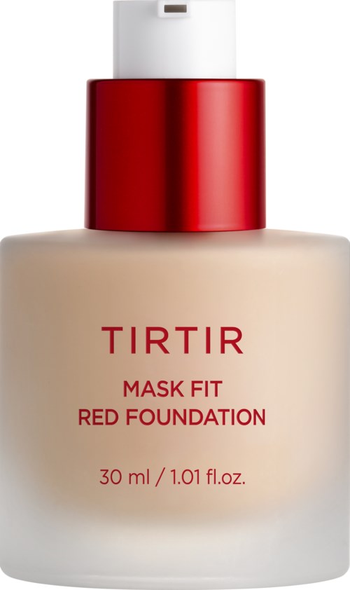 Een fles Tirtir Mask Fit Red Foundation, 30 ml, met witte body, rode dop en eenvoudige tekst.