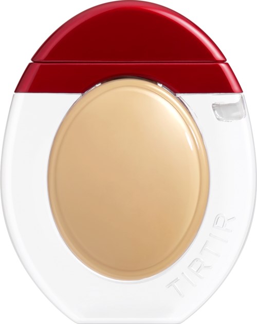 En knapp med rød topp, hvit kropp og beige senter, merket 'TIRER'.