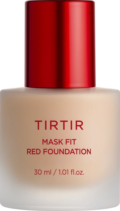 A bottle of TIRTIR Red Foundation with a red cap and beige liquid inside.